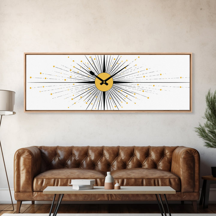 Minimal Gold Clock Starburst Wall Art, Mid Century Modern Abstract Print, Geometric Bauhaus Decor For Office, Entry, Or Den