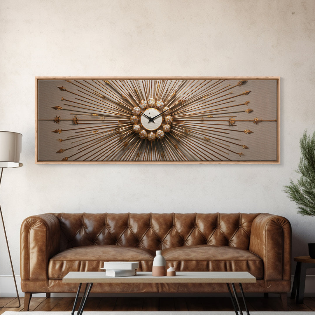 Gold Sunburst Clock Sculpture Framed Canvas Print, Mid Century Modern Wall Art, Hollywood Regency Decor For Living Room