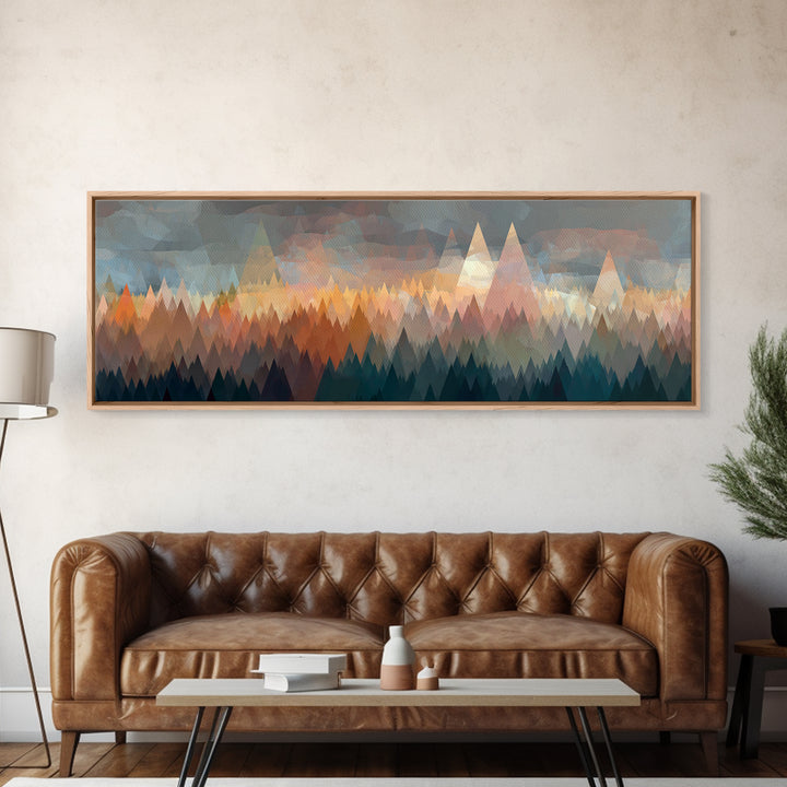 Misty Triangle Forest And Mountain Wall Art, Midcentury Modern Decor, Geometric Landscape Print, Teal Orange Home Decor Art