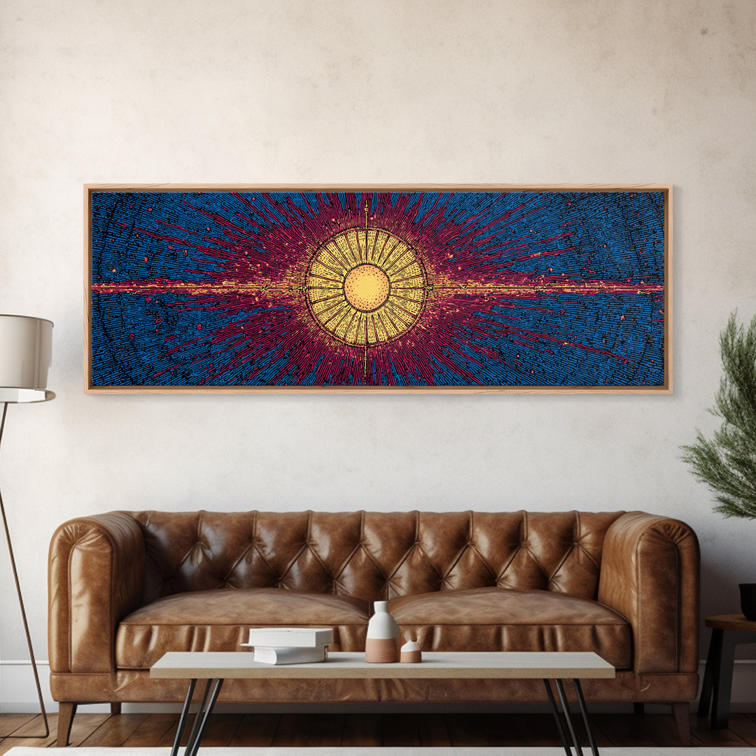 Blue Magenta Solar Burst Wall Art, Mid Century Modern Abstract Print, Cosmic Retro Decor For Living Room And Office, Wall Decor