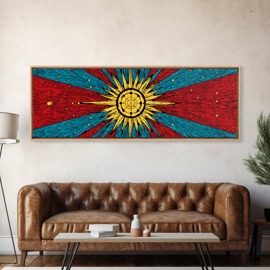 Radiant Atomic Sunburst And Orbiting Stars Canvas Print, Mid Century Modern Wall Art, Retro Space Decor, Bold MCM Poster