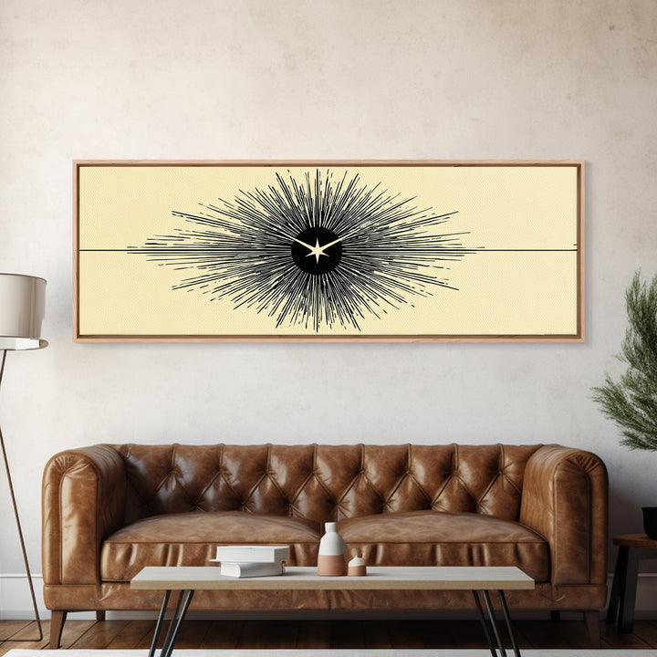 Black Starburst Atomic Eye Canvas Print, Mid Century Modern Wall Art, Minimalist Retro Poster, Beige Space Age Home Decor