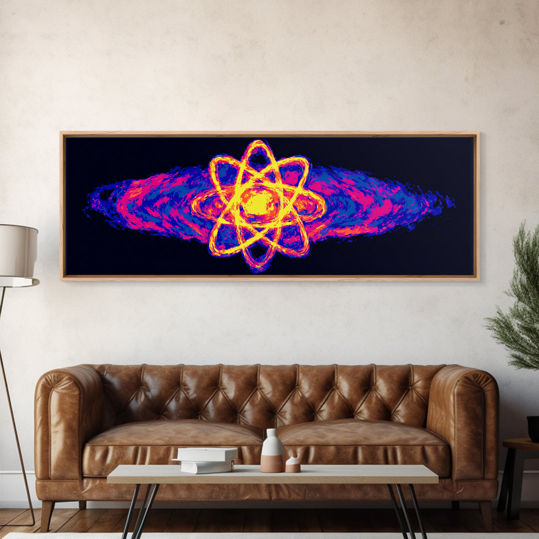 Neon Atom With Cosmic Energy Waves Canvas Print, Modern Abstract Art, Retro Sci Fi Wall Art, Colorful Space Poster, Home Decor