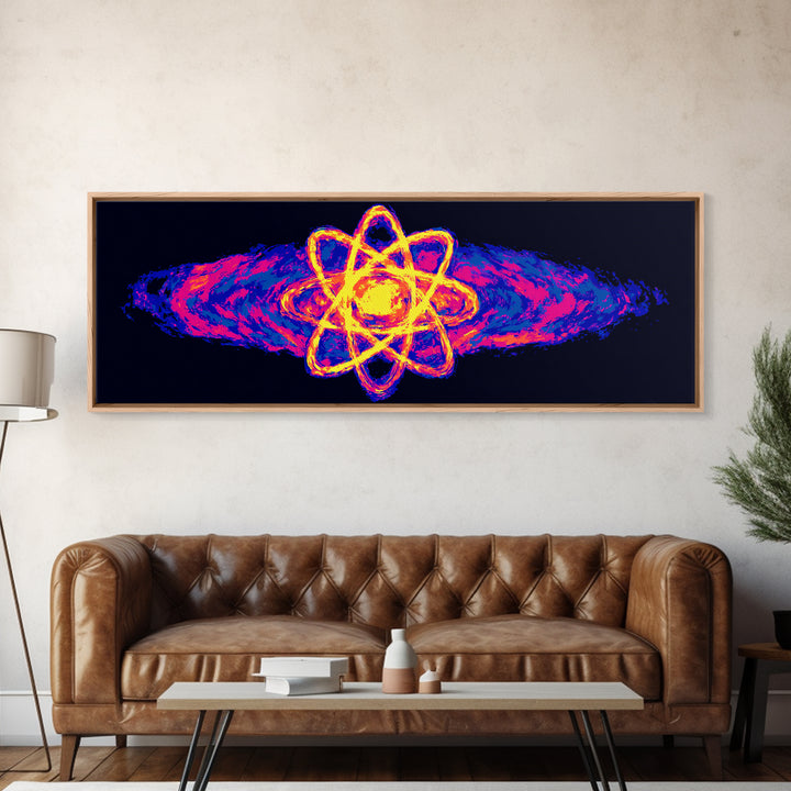 Neon Atom With Cosmic Energy Waves Canvas Print, Modern Abstract Art, Retro Sci Fi Wall Art, Colorful Space Poster, Home Decor