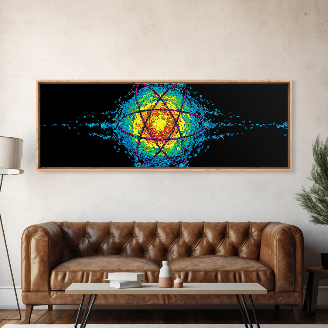 Glowing Yellow Atom And Blue Particle Waves Canvas Print, Midcentury Modern Wall Art, Retro Science Poster, Space Decor Art