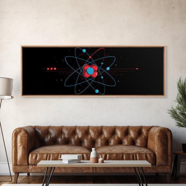 Red And Blue Atomic Orbit Diagram Canvas Print, Mid Century Modern Wall Art, Minimalist Science Poster, Space Age Decor Print