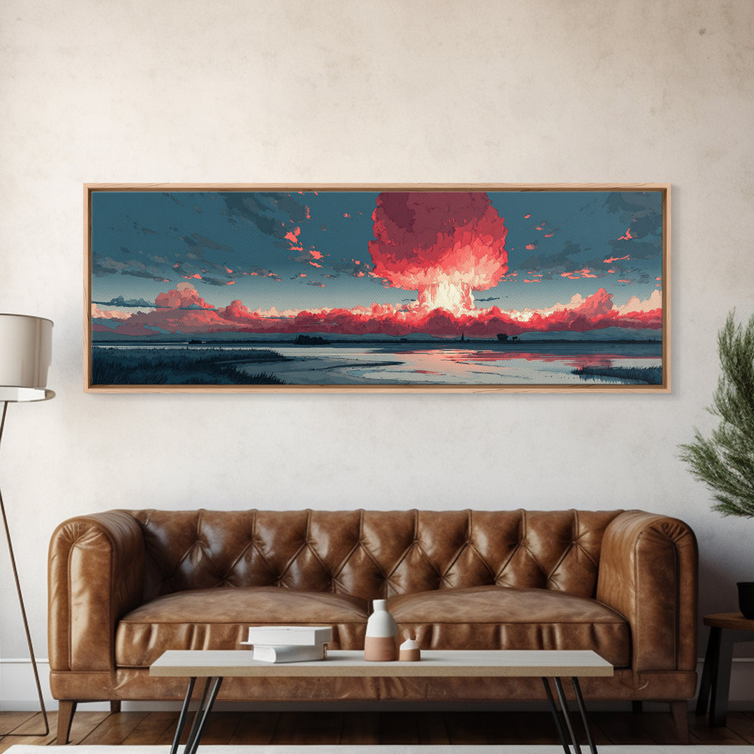 Dramatic Red Mushroom Cloud Over Wetlands Wall Art, Modern Abstract Art Print, Sci Fi Landscape Poster, Statement Home Decor