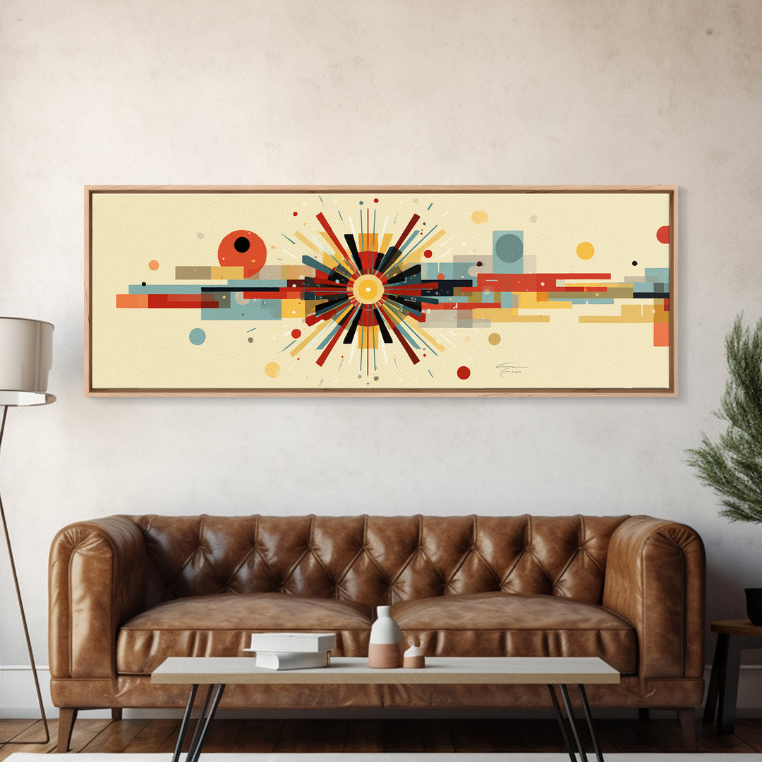 Geometric Atomic Burst With Circles And Lines Canvas Print, Mid Century Modern Wall Art, Bauhaus Poster, Colorful Decor Print