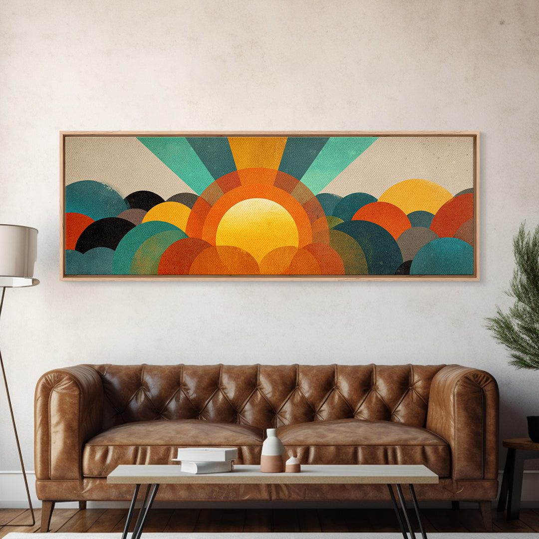 Layered Sun Rising Over Retro Hills Canvas Print, Mid Century Modern Wall Art, Colorful Landscape Poster, MCM Home Decor
