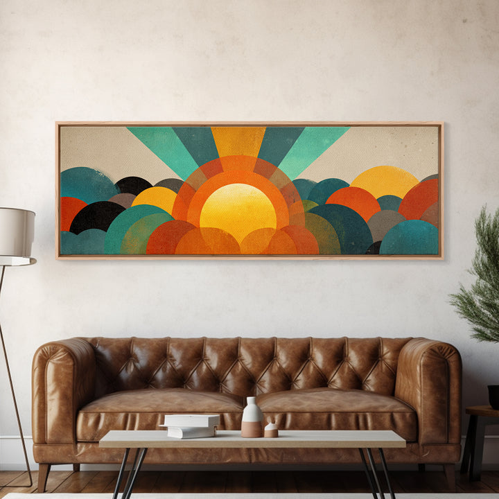 Layered Sun Rising Over Retro Hills Canvas Print, Mid Century Modern Wall Art, Colorful Landscape Poster, MCM Home Decor