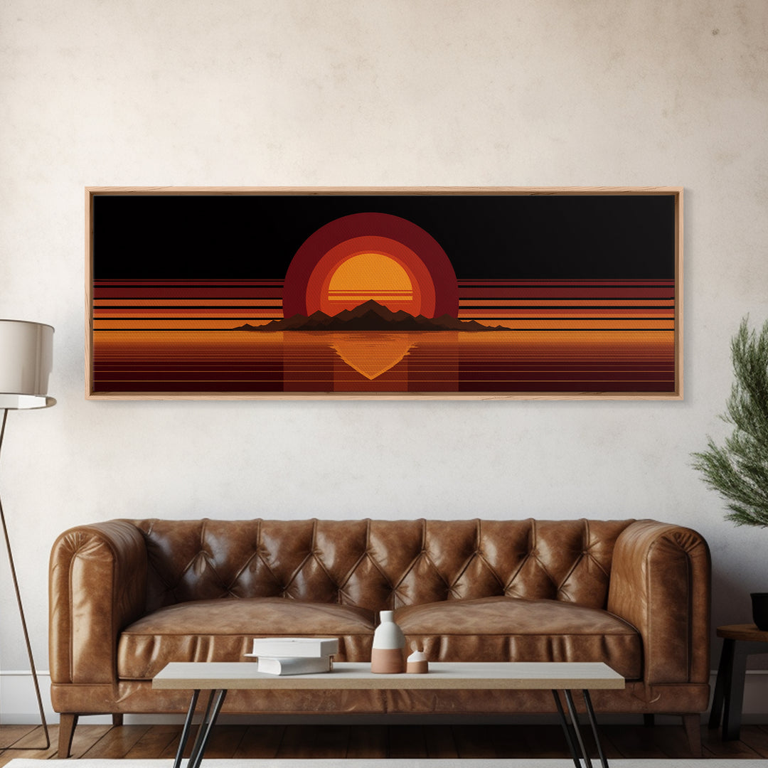 Orange Desert Sun And Mountain Reflection Wall Art, Retro Midcentury Canvas Print, Black Minimalist Modern Home Decor Poster