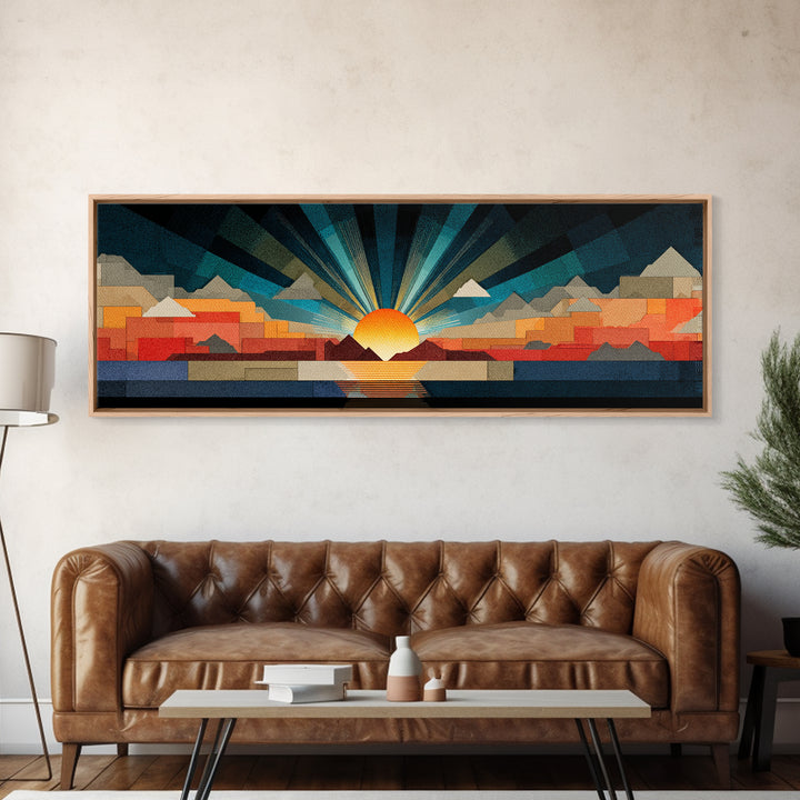 Art Deco Sunrise Mountain Landscape Wall Art, Midcentury Modern Canvas Print, Bold Geometric Retro Living Room Decor Poster