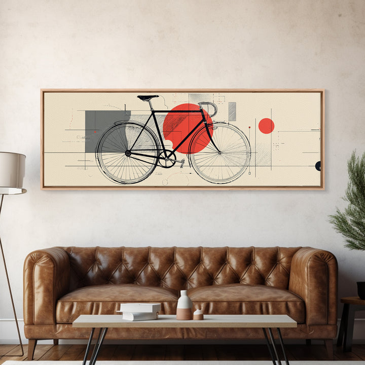 Minimalist Black Bicycle Wall Art, Red Sun Bauhaus Canvas Print, Midcentury Modern Cycling Poster, Graphic Office Decor Art Print