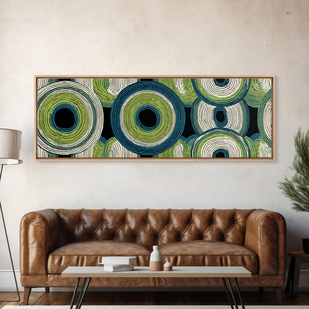 Green Blue Concentric Circle Canvas Print, Midcentury Modern Wall Art, Geometric Pattern Poster, Retro Atomic Home Decor