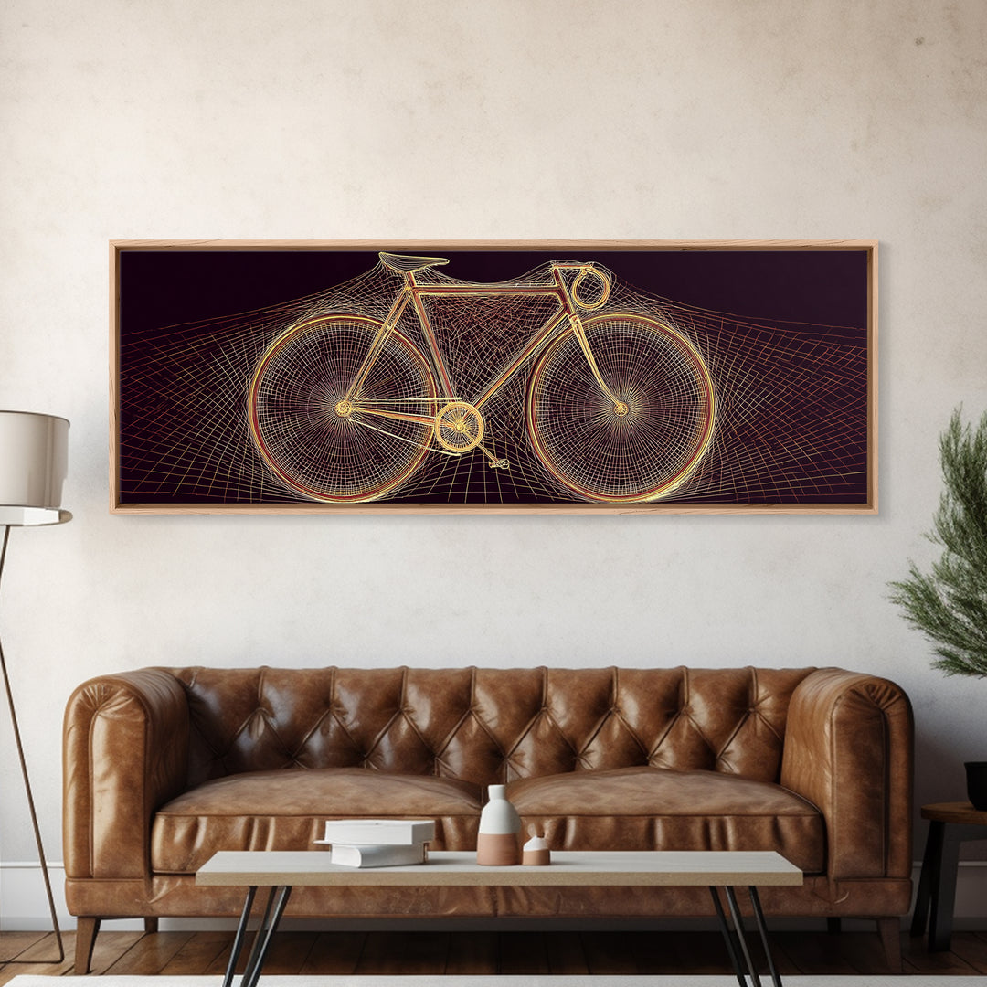 Glowing Gold Road Bicycle Framed Canvas Print, Retro Futuristic Cycling Wall Art, Modern Geometric Poster, Man Cave Decor