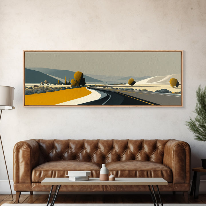 Minimal Country Road Wall Art, Modern Landscape Print, Neutral Midcentury Decor, Scenic Home Office Art, Mustard Yellow Decor