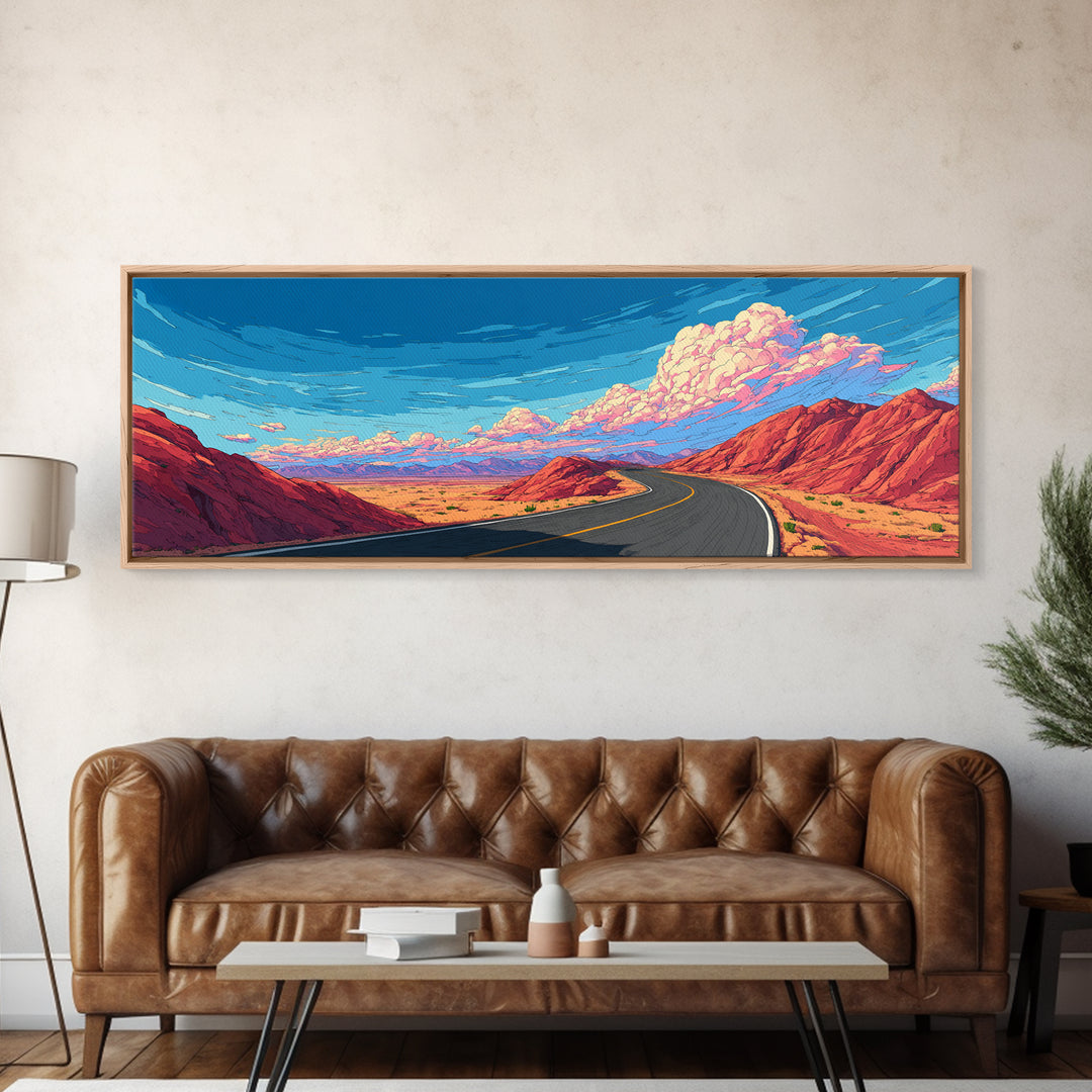 Red Canyon Highway Framed Canvas Print, Modern Wall Art, Retro Travel Poster Style, Colorful Landscape, Southwestern Decor
