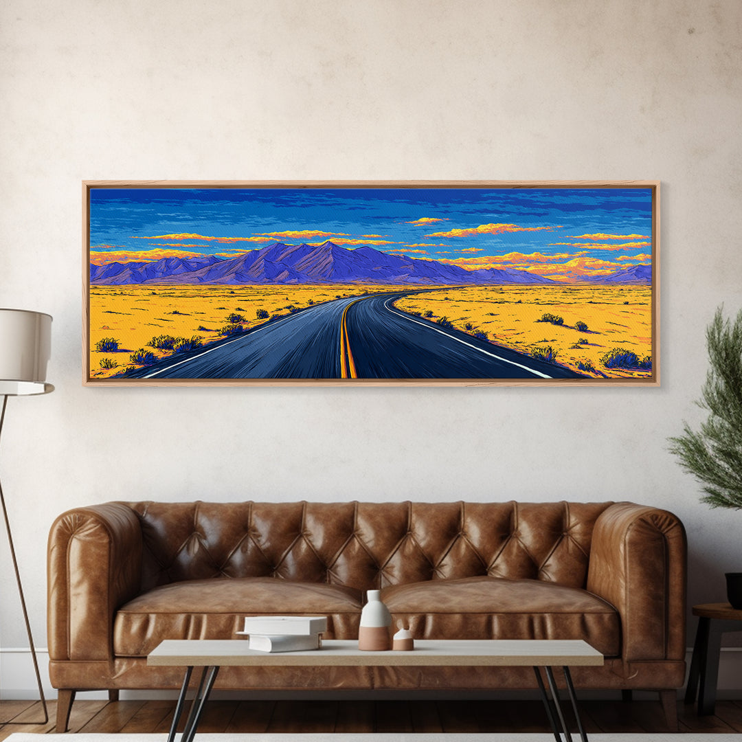 Vibrant Desert Highway And Purple Mountains Wall Art, Mid Century Modern Landscape Poster, Retro Road Trip Home Decor Print