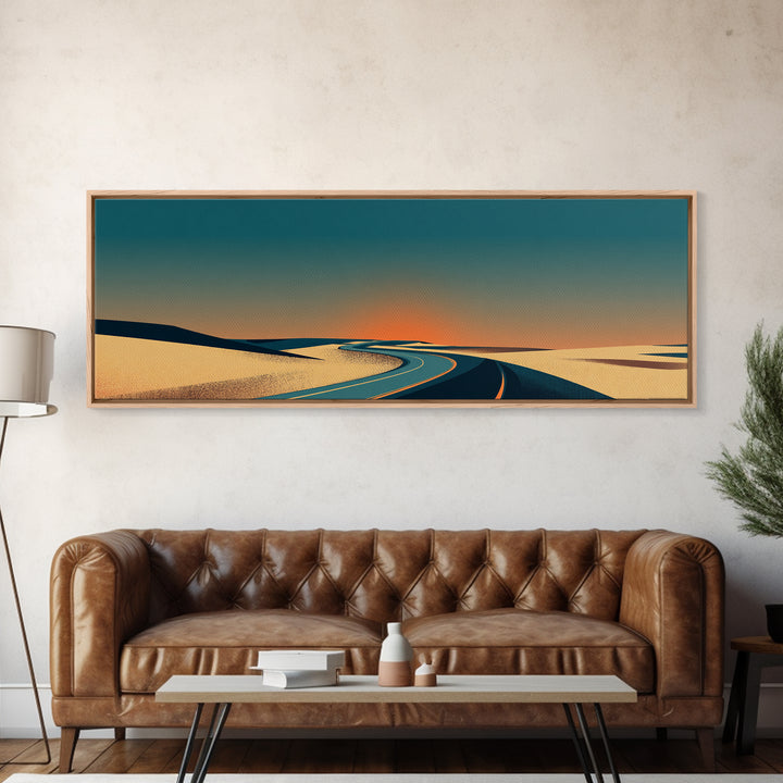 Minimal Sunset Desert Road Canvas Print, Mid Century Modern Landscape Wall Decor, Retro Travel Poster, Warm Neutral Art Print