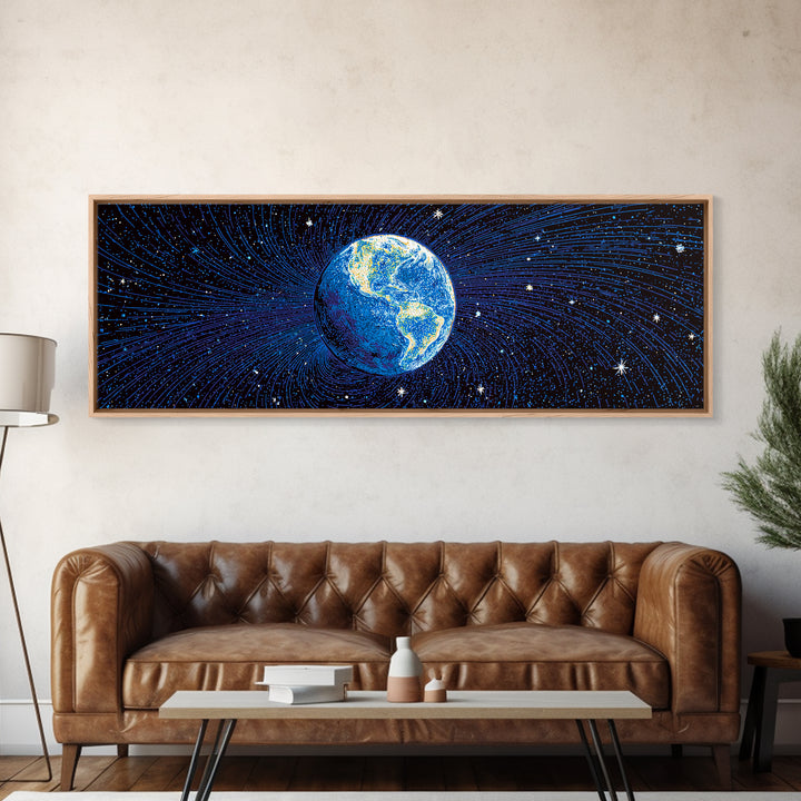 Blue Earth Magnetosphere And Starfield Wall Art, Retro Space Science Poster, Modern Digital Art Print For Office Decor And Astronomy Gift