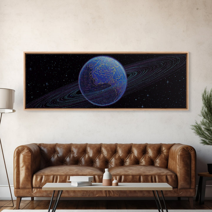 Ringed Blue Planet In Starry Space Canvas Print, Retro Sci Fi Wall Decor, Modern Digital Art Poster For Office And Bedroom