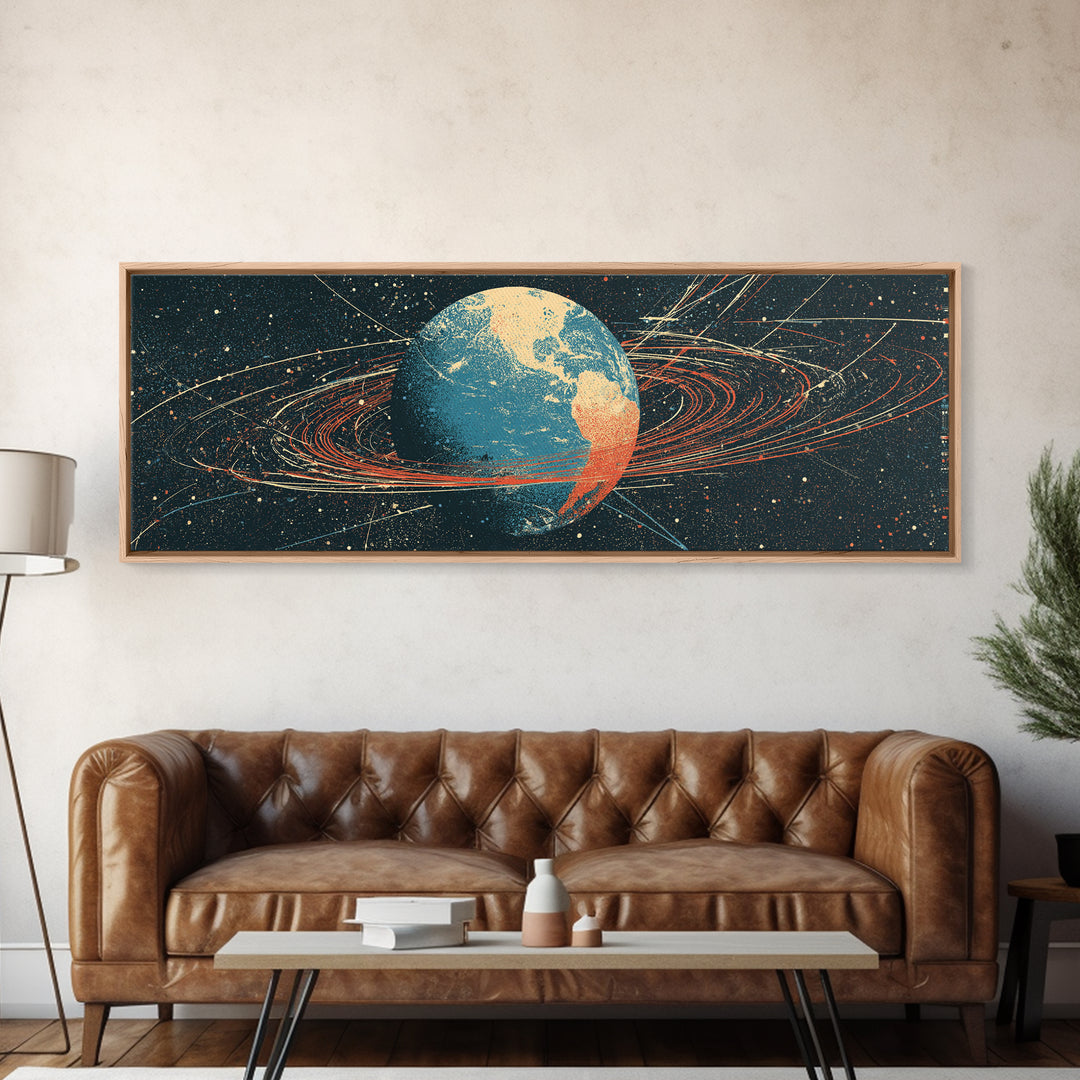 Retro Earth Orbit Lines And Star Map Wall Art, Mid Century Modern Space Poster, Scientific Astronomy Print For Office Decor