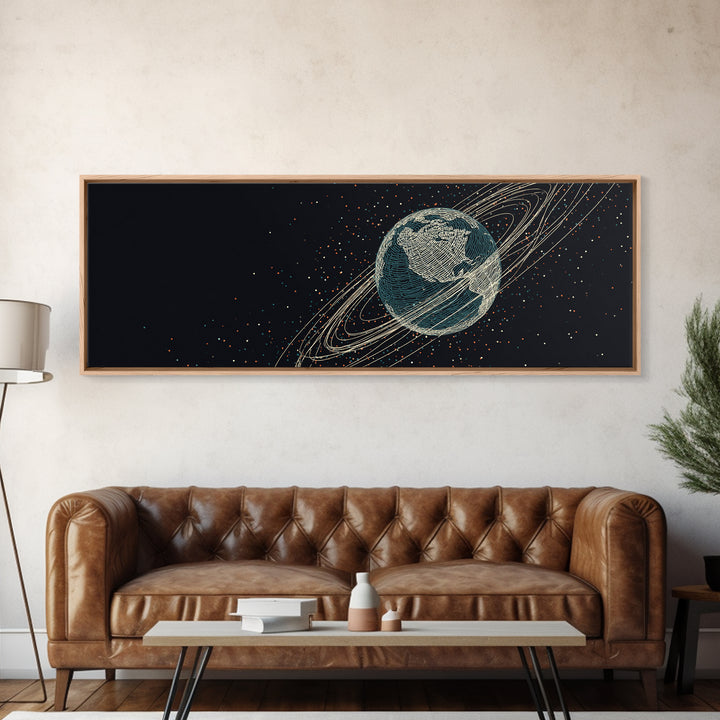 Dark Earth With Orbital Rings Framed Canvas Print, Retro Space Science Wall Decor, Modern Astronomy Art For Home Office Gift