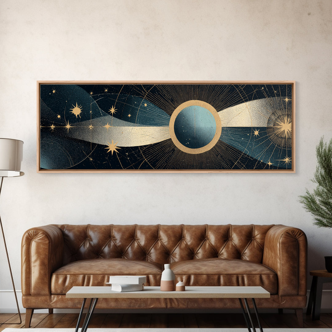 Abstract Solar Eclipse With Golden Stars Wall Art, Mid Century Modern Celestial Poster, Cosmic Retro Print For Living Room