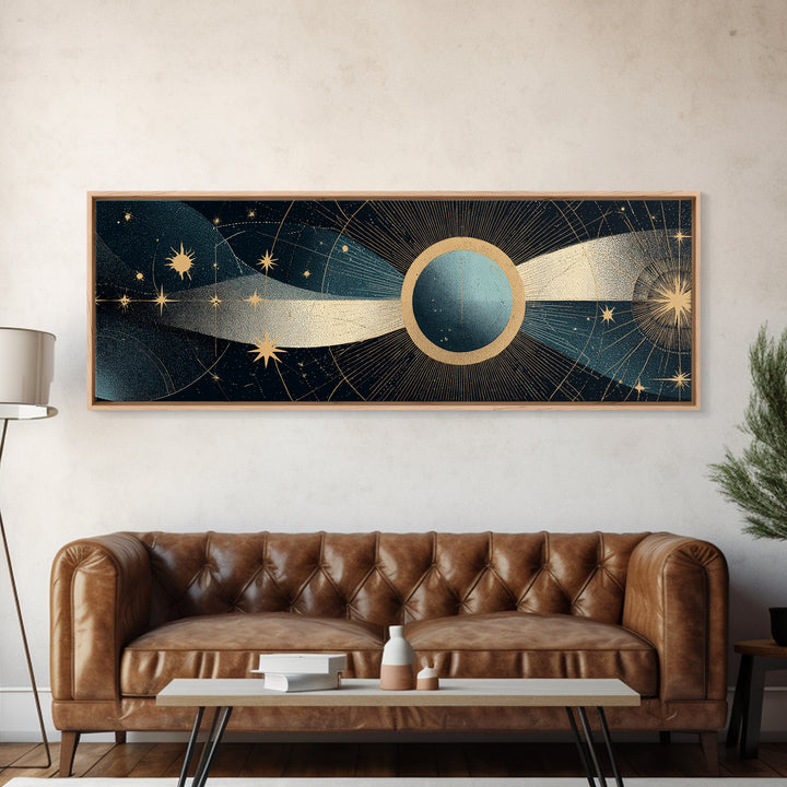 Abstract Solar Eclipse With Golden Stars Wall Art, Mid Century Modern Celestial Poster, Cosmic Retro Print For Living Room