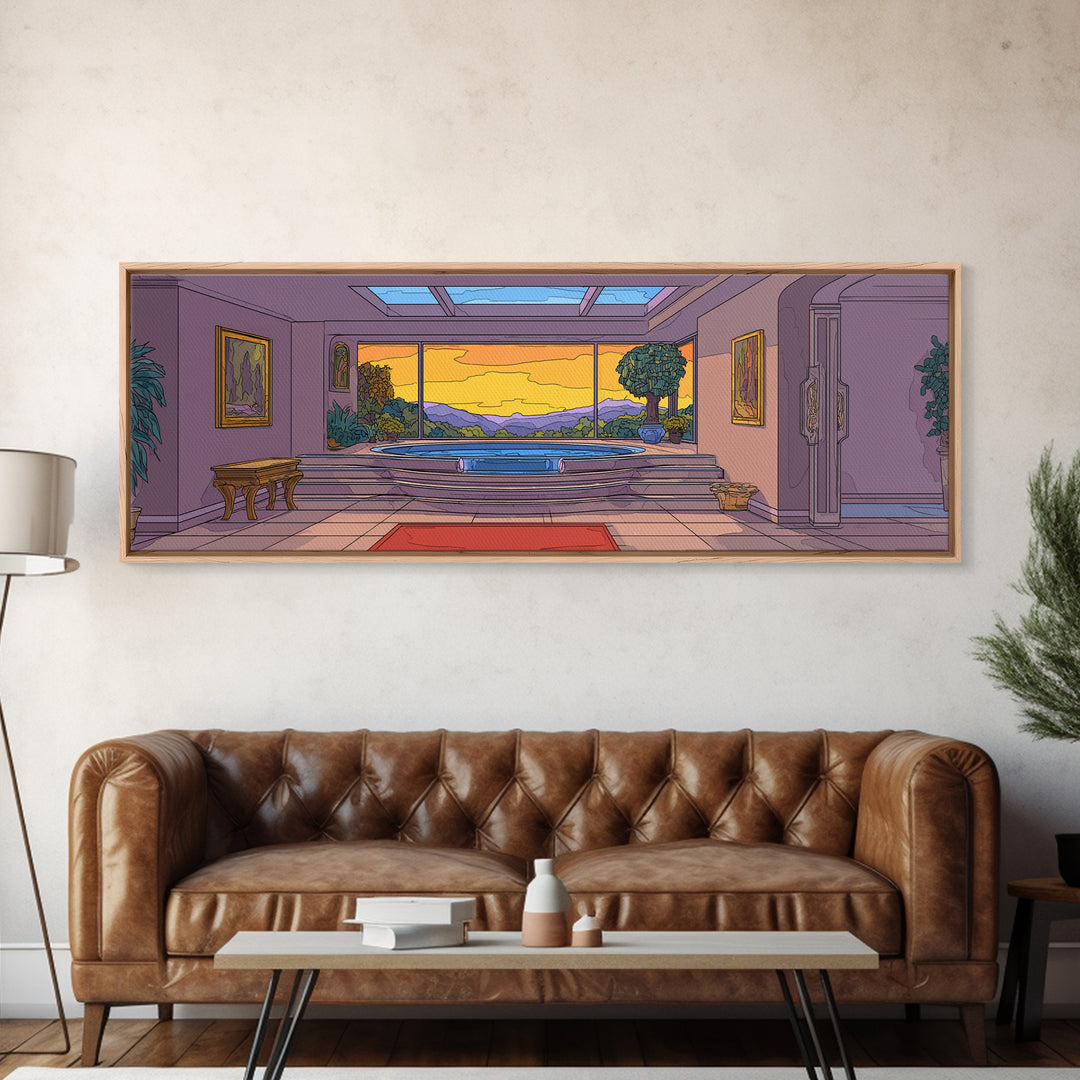 Retro Modern Interior With Sunset Mountain View Wall Art, Mid Century Modern Home Decor, Architectural Landscape Poster Print