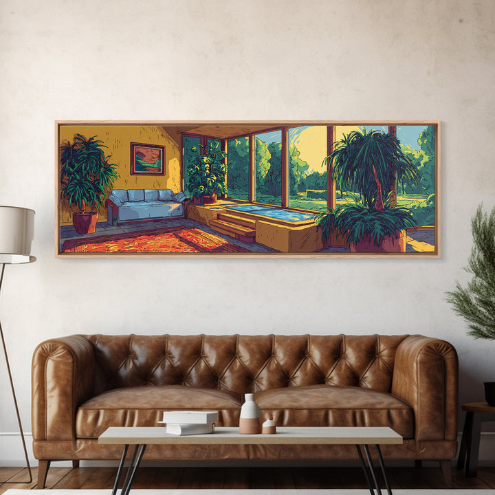 Sunlit Living Room With Lush Houseplants Canvas Print, Mid Century Modern Interior Wall Decor, Cozy Botanical Art Print Poster