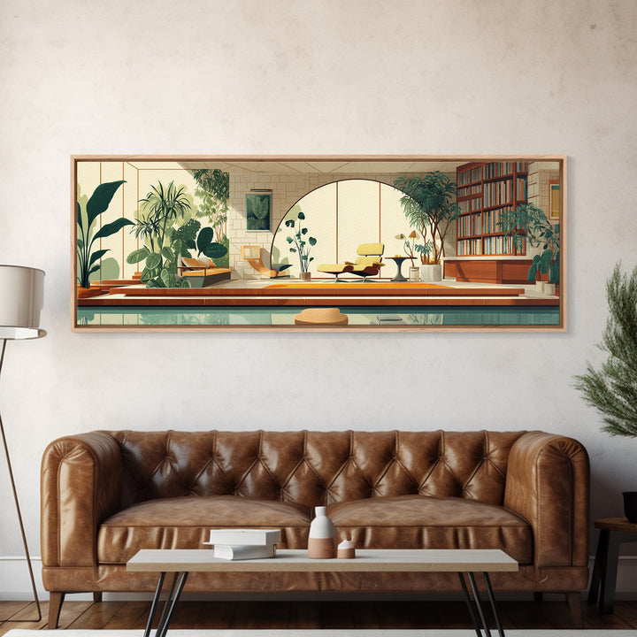 Sunlit Indoor Pool Atrium With Plants Wall Art, Midcentury Modern Decor, MCM Home Office, Retro Architectural Living Room Print