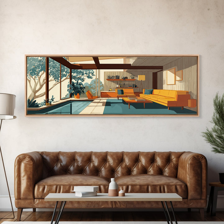 Glass Wall Living Room With Pool Wall Art, Midcentury Modern Decor, MCM Architecture, Retro Home Office Interior Design Canvas Print