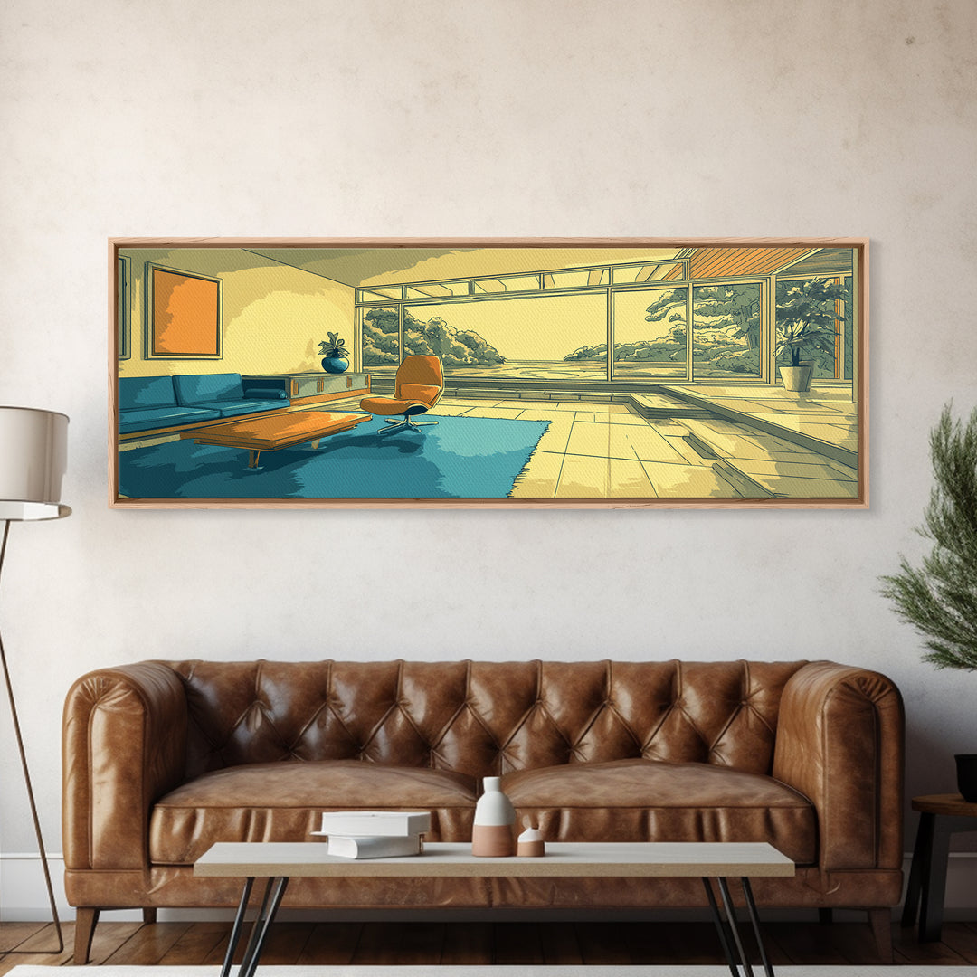 Teal Yellow Living Room With Mountain View Framed Canvas Print, Midcentury Modern Wall Decor, Retro MCM Architecture Home Art