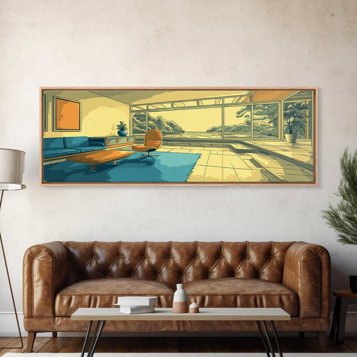 Teal Yellow Living Room With Mountain View Framed Canvas Print, Midcentury Modern Wall Decor, Retro MCM Architecture Home Art