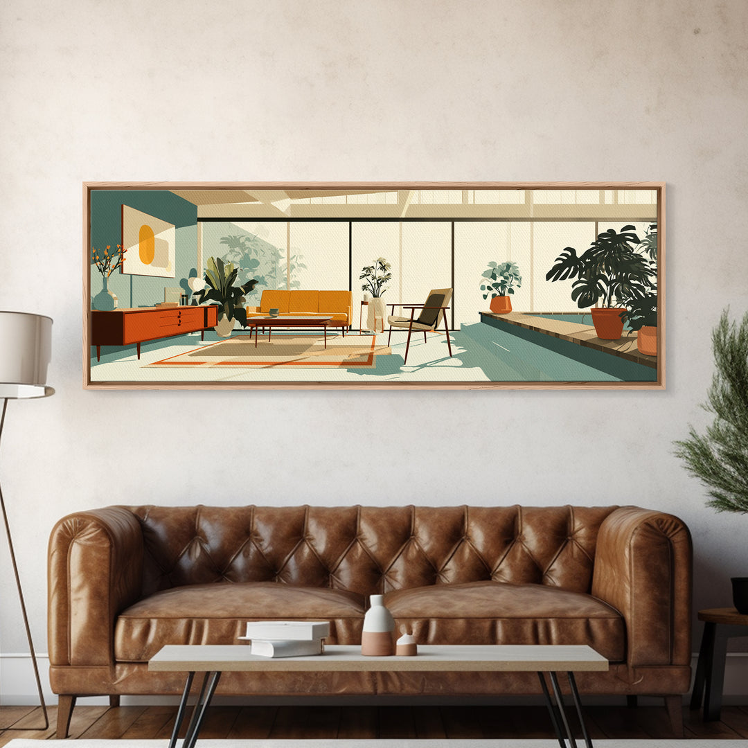 Sunny Plant Filled Living Room Wall Art, Midcentury Modern Decor, MCM Furniture, Retro Architectural Home Office Canvas Print