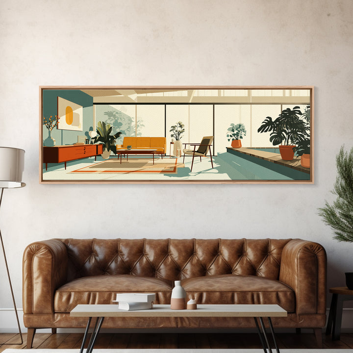 Sunny Plant Filled Living Room Wall Art, Midcentury Modern Decor, MCM Furniture, Retro Architectural Home Office Canvas Print