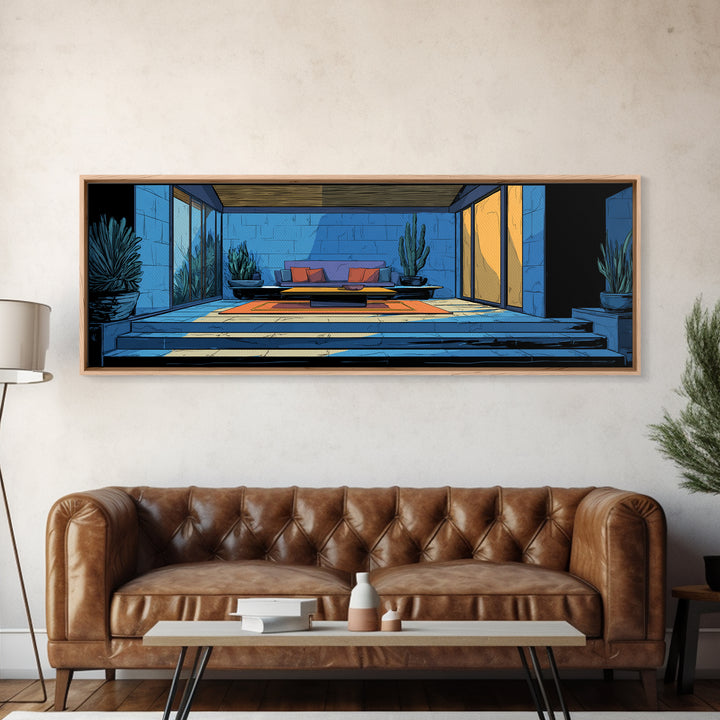 Blue Desert Courtyard With Cactus Wall Art, Midcentury Modern Decor, Retro Patio Architecture, MCM Large Framed Canvas Print