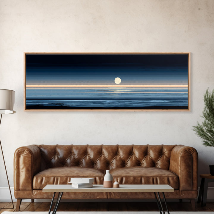 Minimal Moon Over Calm Horizon Wall Art, Modern Coastal Decor, Blue Abstract Seascape, Serene Bedroom Large Canvas Print