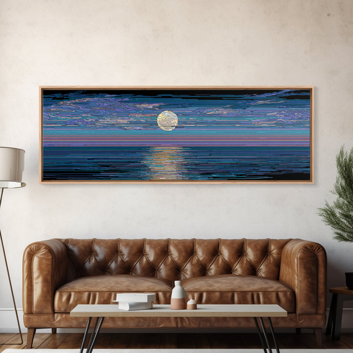 Striped Full Moon Ocean Reflection Wall Art, Modern Abstract Decor, Blue Coastal Seascape, MCM Retro Bedroom Canvas Print