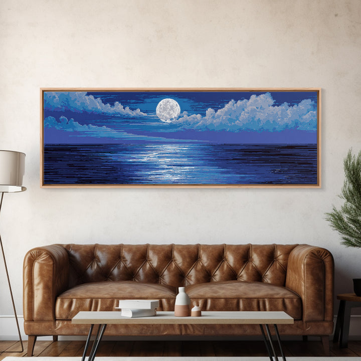 Bright Full Moon Over Blue Ocean Clouds Wall Art, Modern Coastal Decor, Serene Seascape, Bedroom Living Room Large Canvas Print