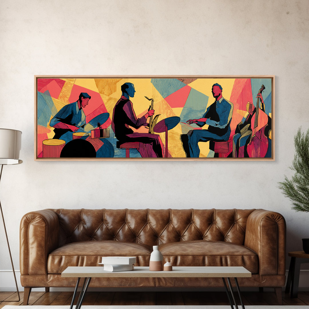 Vibrant Jazz Trio And Bass Canvas Print, Midcentury Modern Wall Art, Colorful Music Poster, Bold Retro Living Room Decor