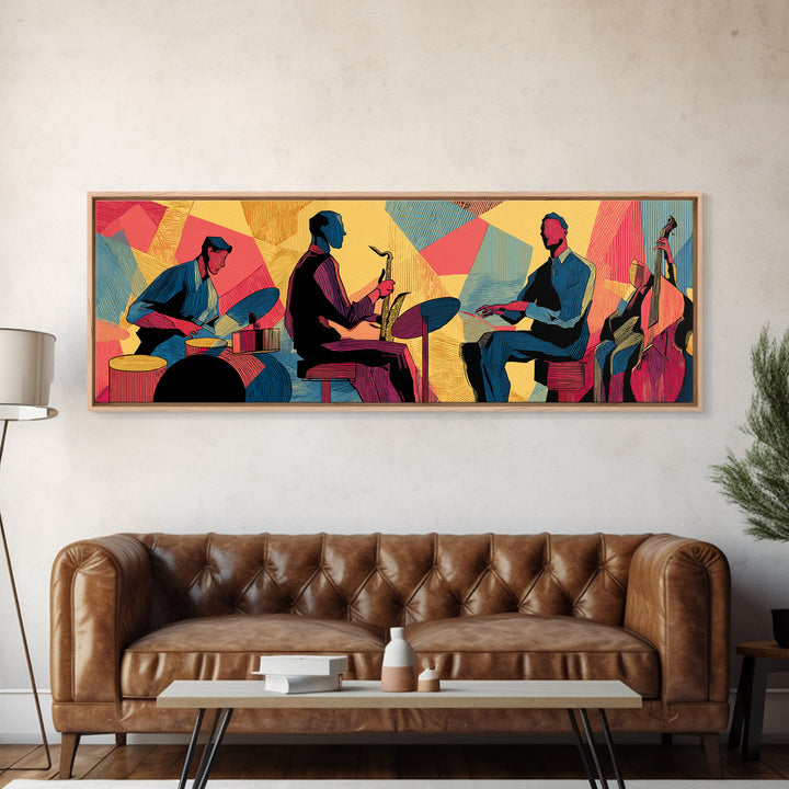 Vibrant Jazz Trio And Bass Canvas Print, Midcentury Modern Wall Art, Colorful Music Poster, Bold Retro Living Room Decor