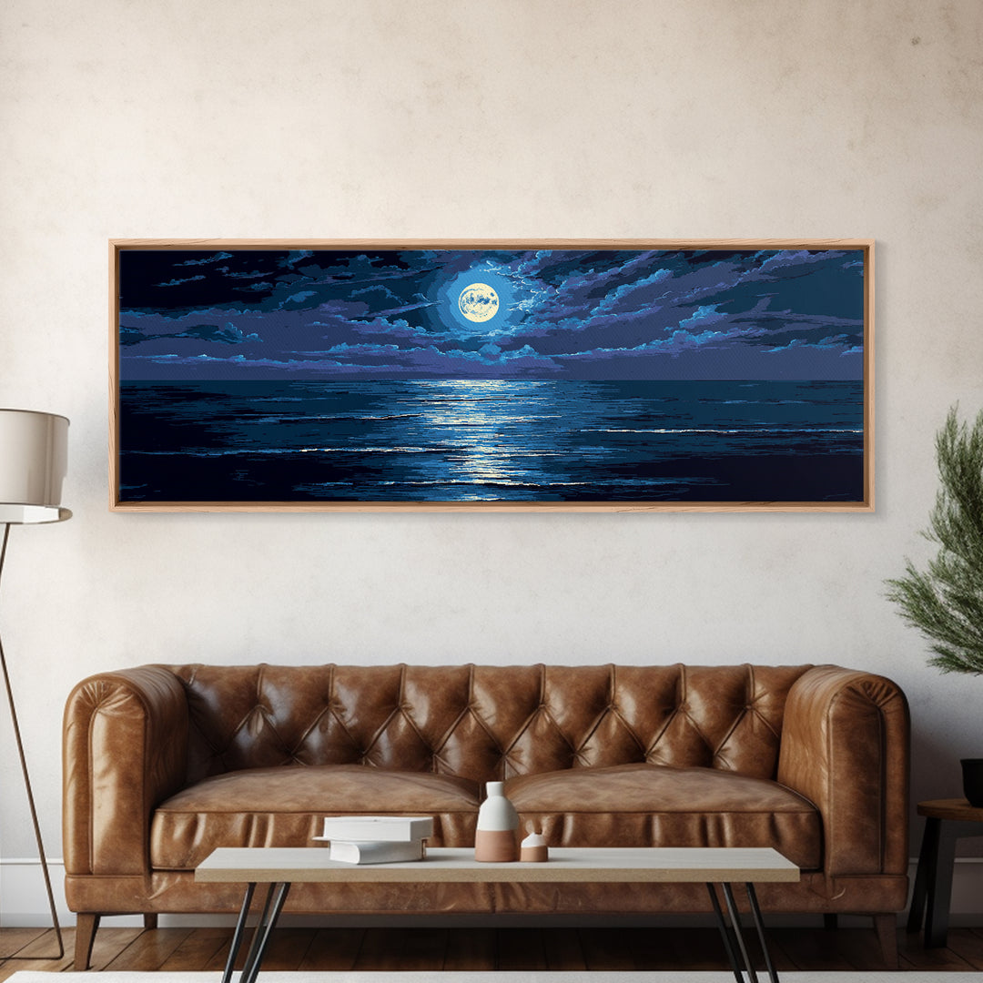 Dramatic Moonlit Ocean With Storm Clouds Wall Art, Modern Coastal Decor, Blue Seascape, Moody Bedroom Large Canvas Print