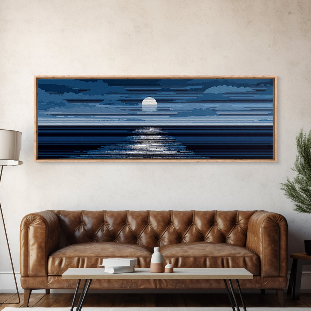 Blue Moonlit Ocean Horizon Wall Art, Mid Century Modern Seascape Print, Navy Coastal Decor, Serene Bedroom Artwork, Living Room Art
