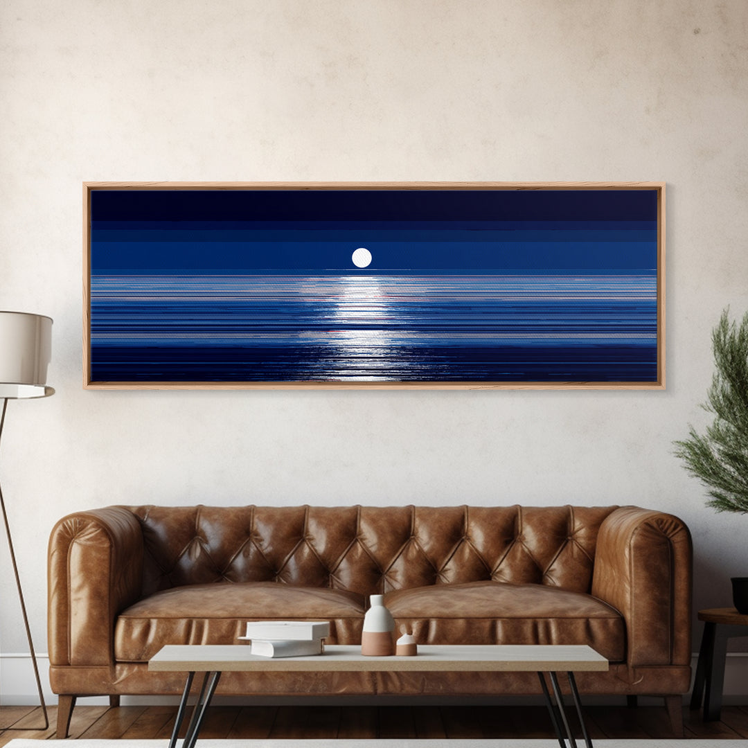 Full Moon Ocean Reflection Canvas Print, Modern Blue Seascape Wall Decor, Coastal Bedroom Art, Serene Living Room Artwork