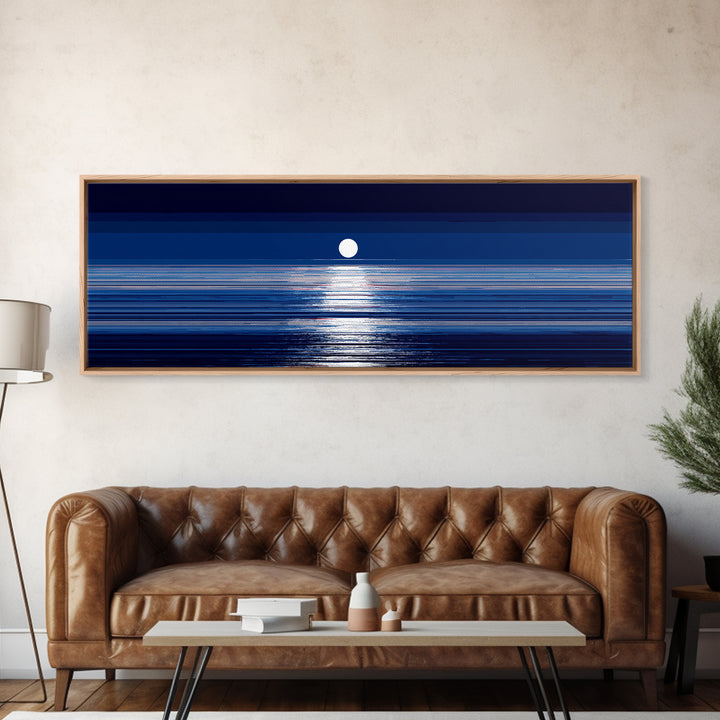 Full Moon Ocean Reflection Canvas Print, Modern Blue Seascape Wall Decor, Coastal Bedroom Art, Serene Living Room Artwork