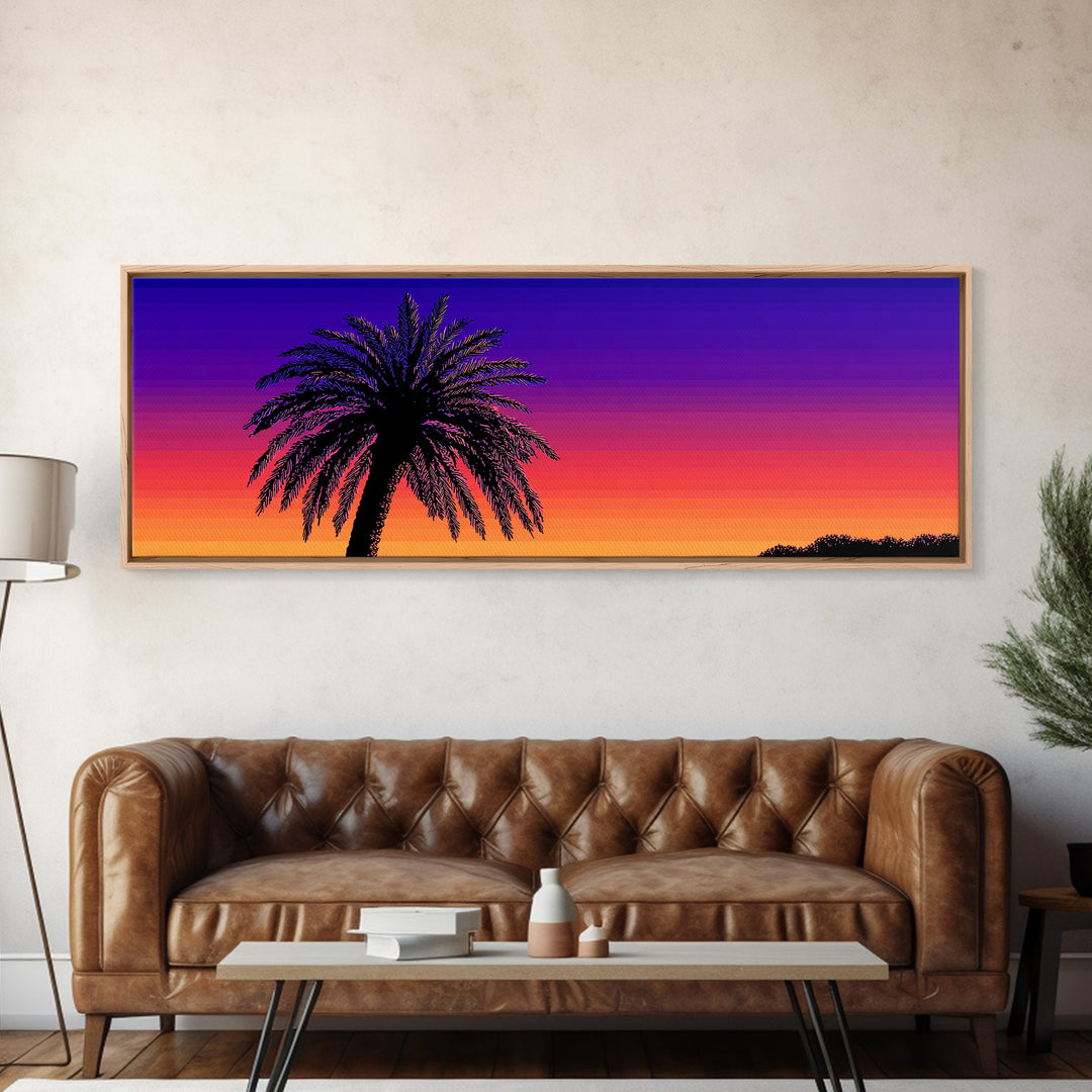 Vibrant Double Palm Sunset Framed Canvas Print, Retro 70s Wall Decor, Tropical Palm Springs Art, Colorful Bedroom Poster