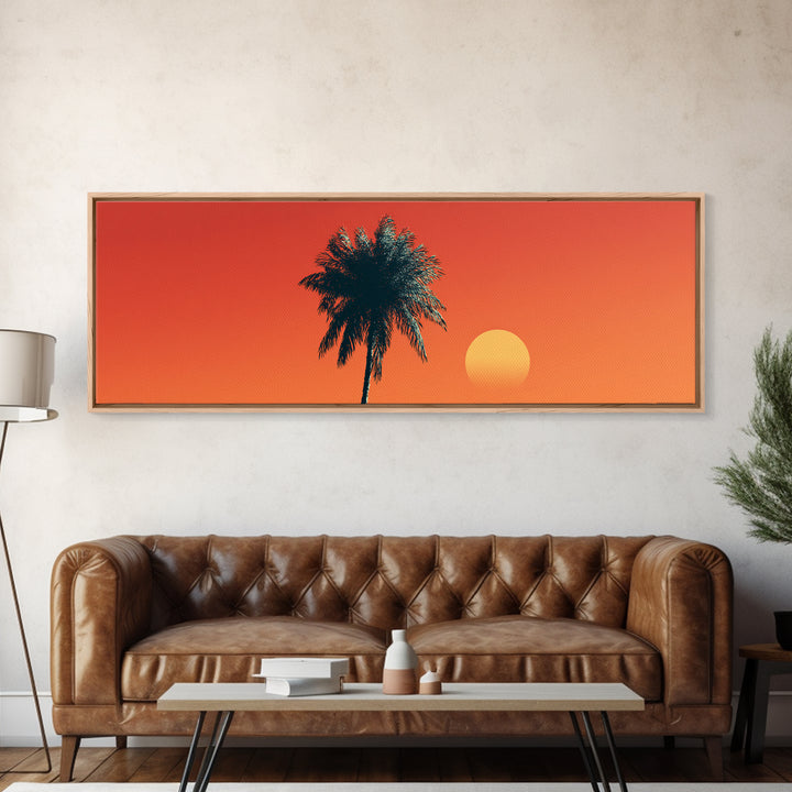 Orange Palm Silhouette Sunset Canvas Print, Mid Century Modern Tropical Wall Decor, Warm Coastal Art, Palm Springs Home Decor