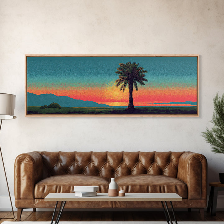 Grainy Palm Mountain Sunset Wall Art, Retro California Landscape Print, Teal Orange Mid Century Decor, Tropical Living Room Art